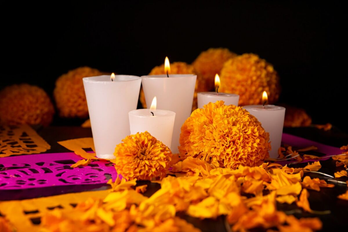 flor de cempasúchil y veladoras 