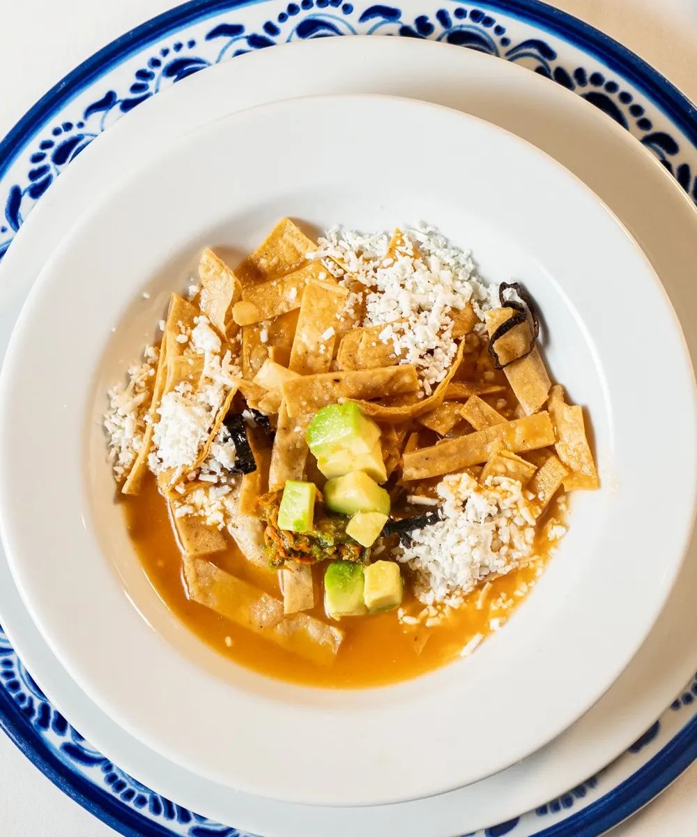 Rica sopa de tortilla con aguacate y queso