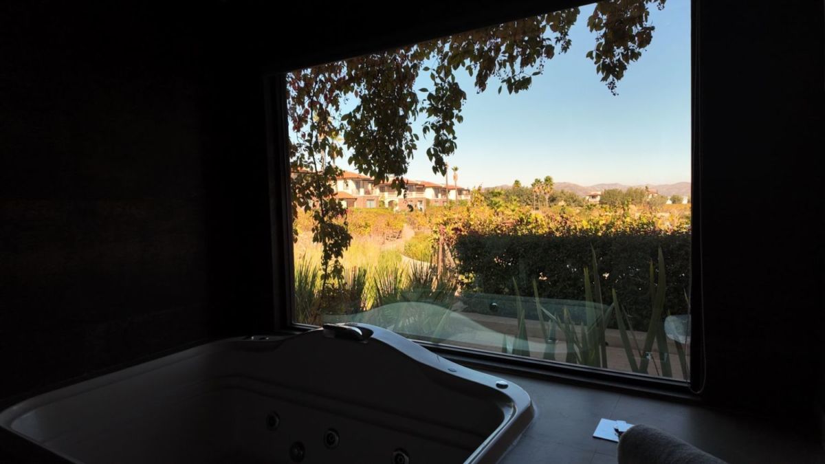 Tina de baño con vista hacia viñedo.