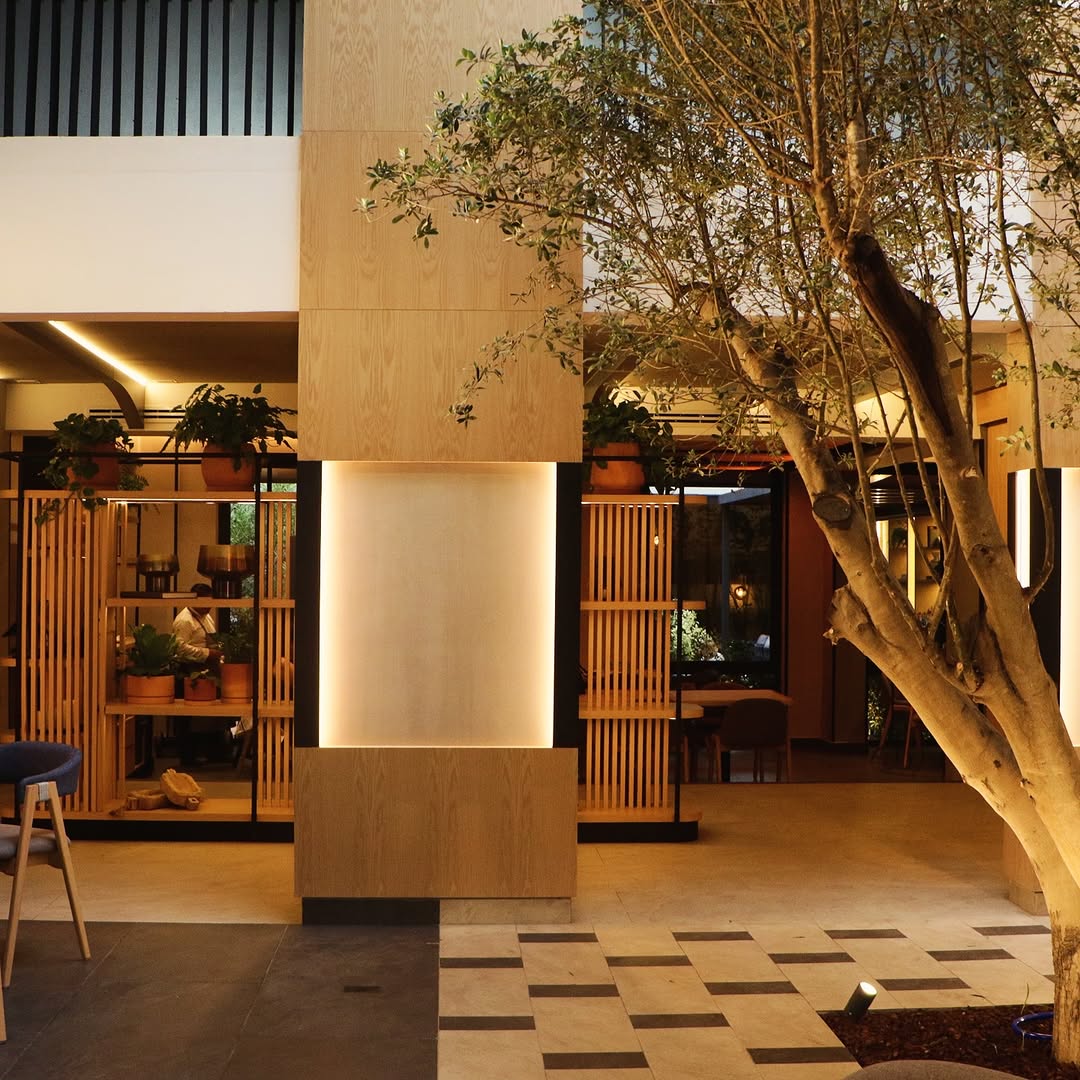 vega es un restaurante español con interiorismo moderno y una terraza al fondo