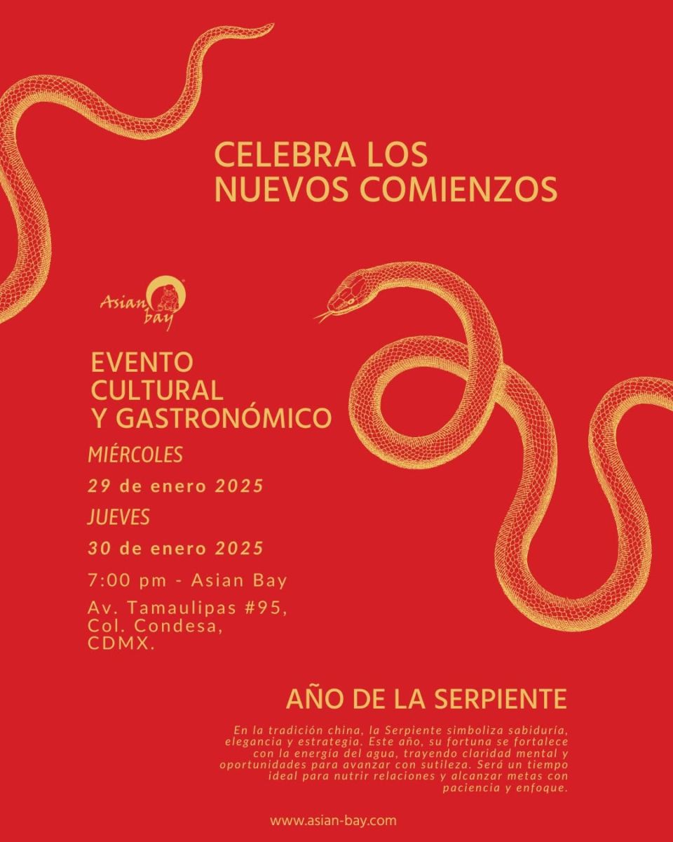 Flyer oficial del evento Cultural y Gastronómico en Asian Bay para celebrar el Año Nuevo Chino 2025 en CDMX