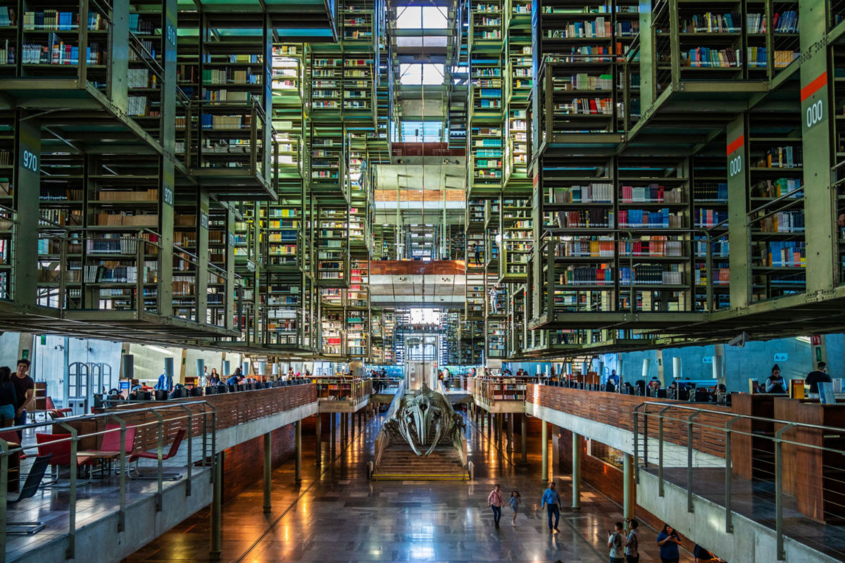 el interior de la biblioteca vasconcelos parece un esqueleto de hierro