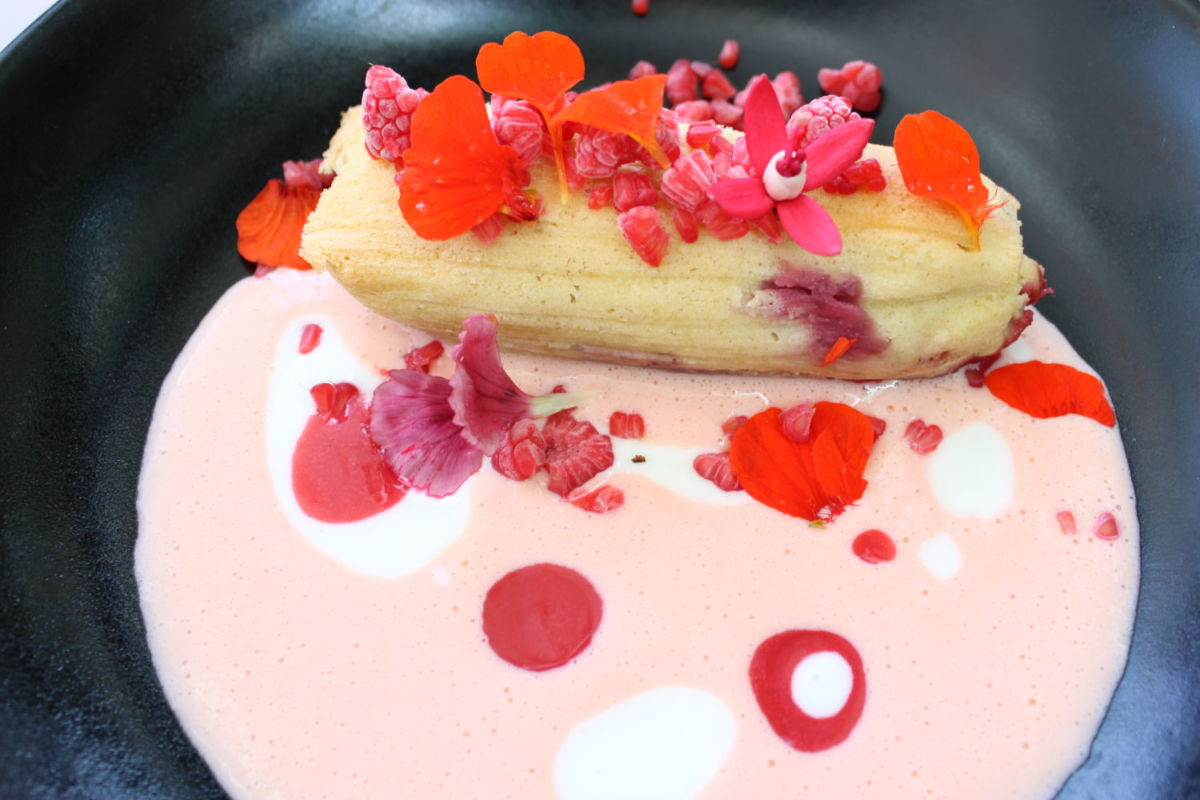 Tamal canario con salsa de vainilla, frambuesas y queso de cabra