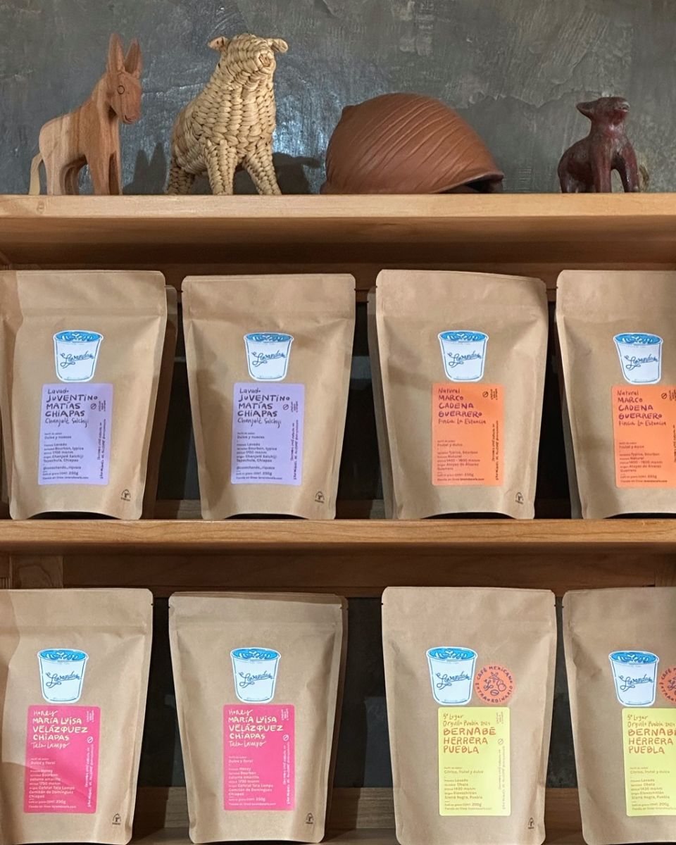 Granos de café mexicanos en lavanda Café. 