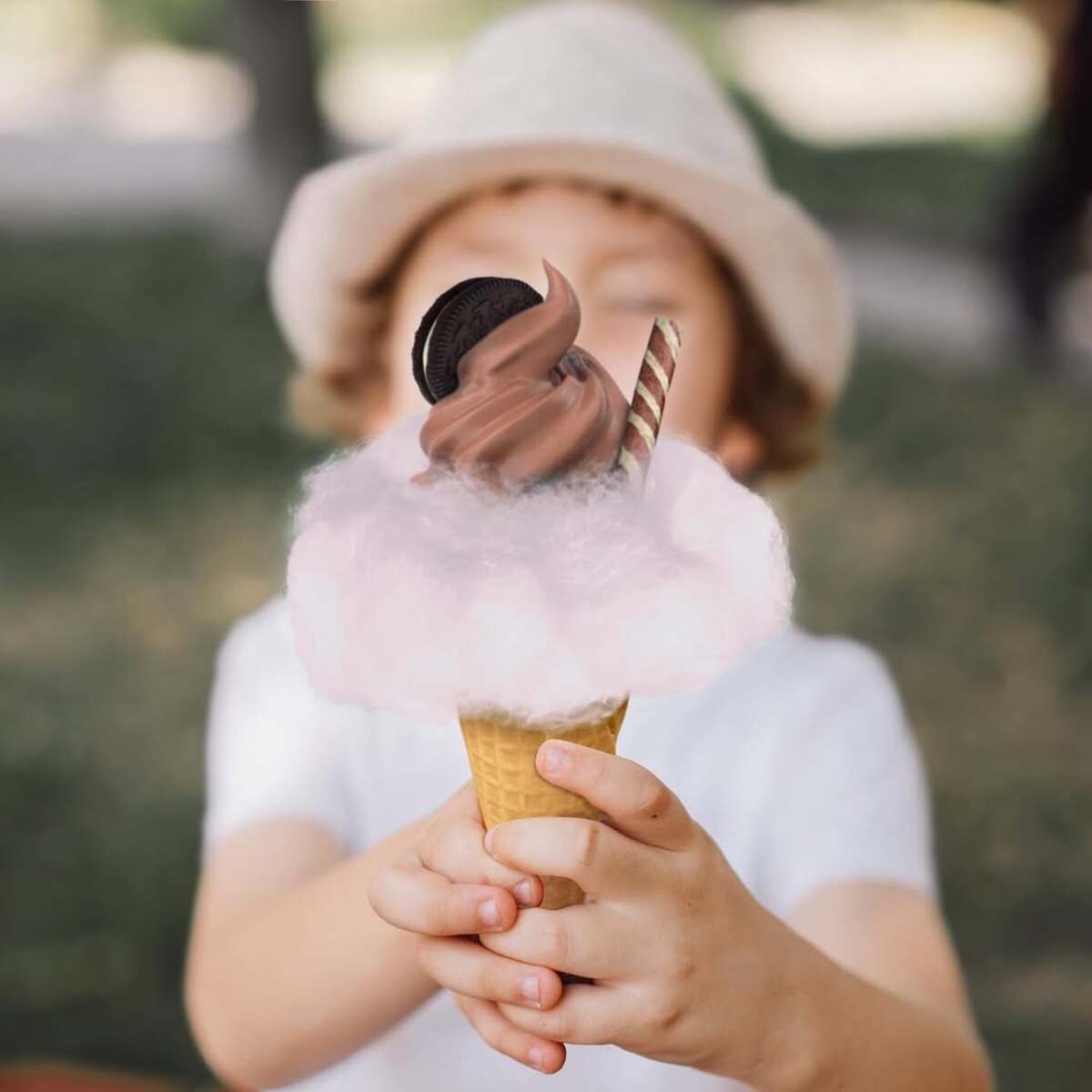 Helado servido sobre un algodón de azúcar
