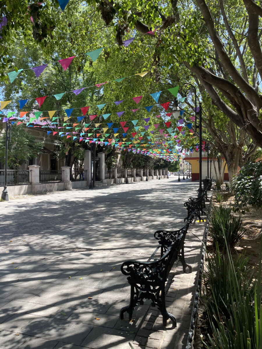Calle tranquila y colorida del Pueblo Mágico de Jalpa de Cánovas