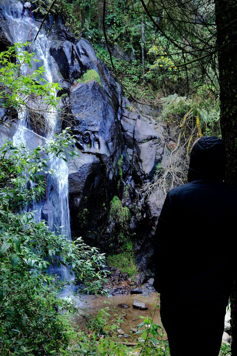 persona contemplando una cascada 