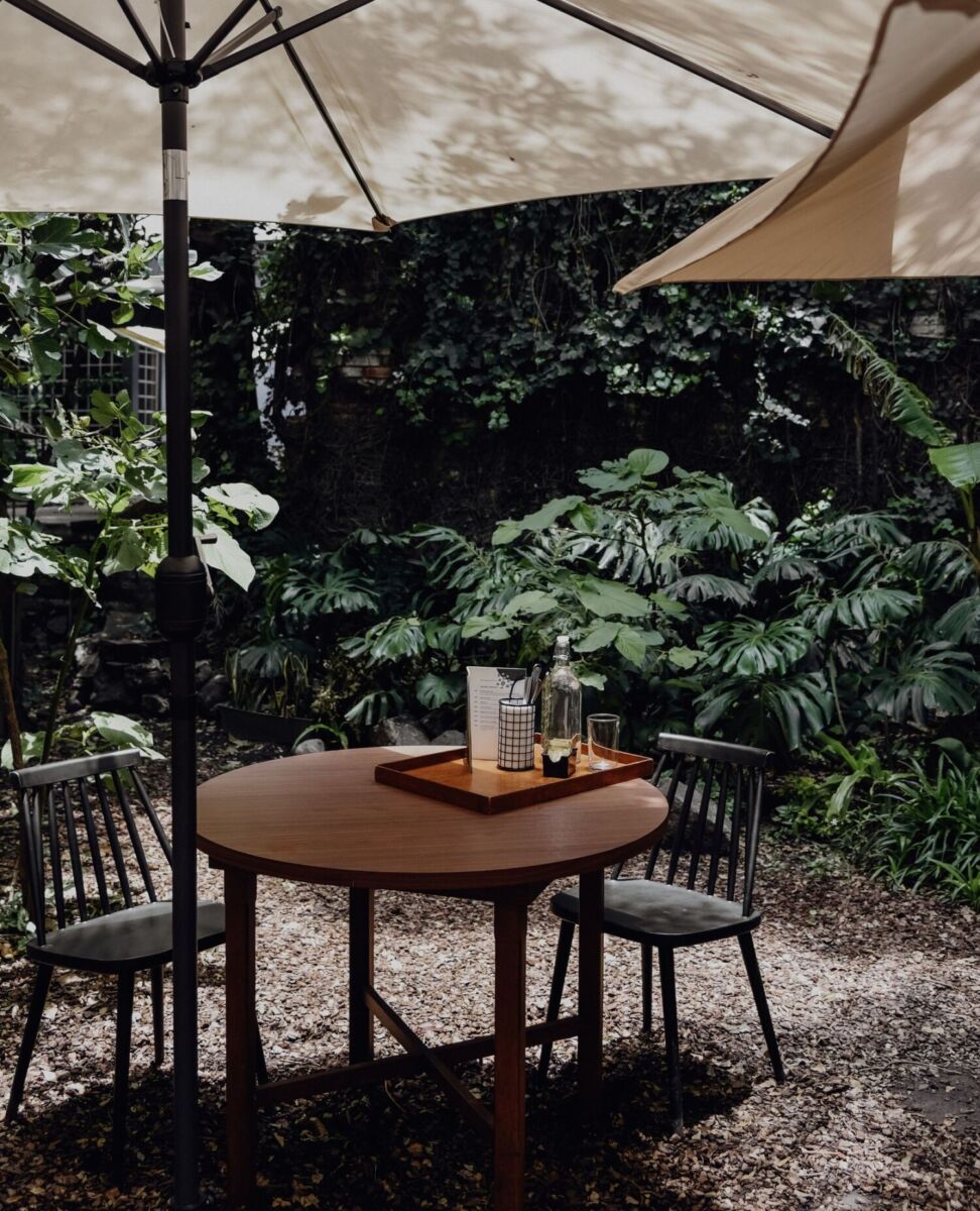 terraza con plantas, una mesa redonda con dos sillas negras y una sombrilla