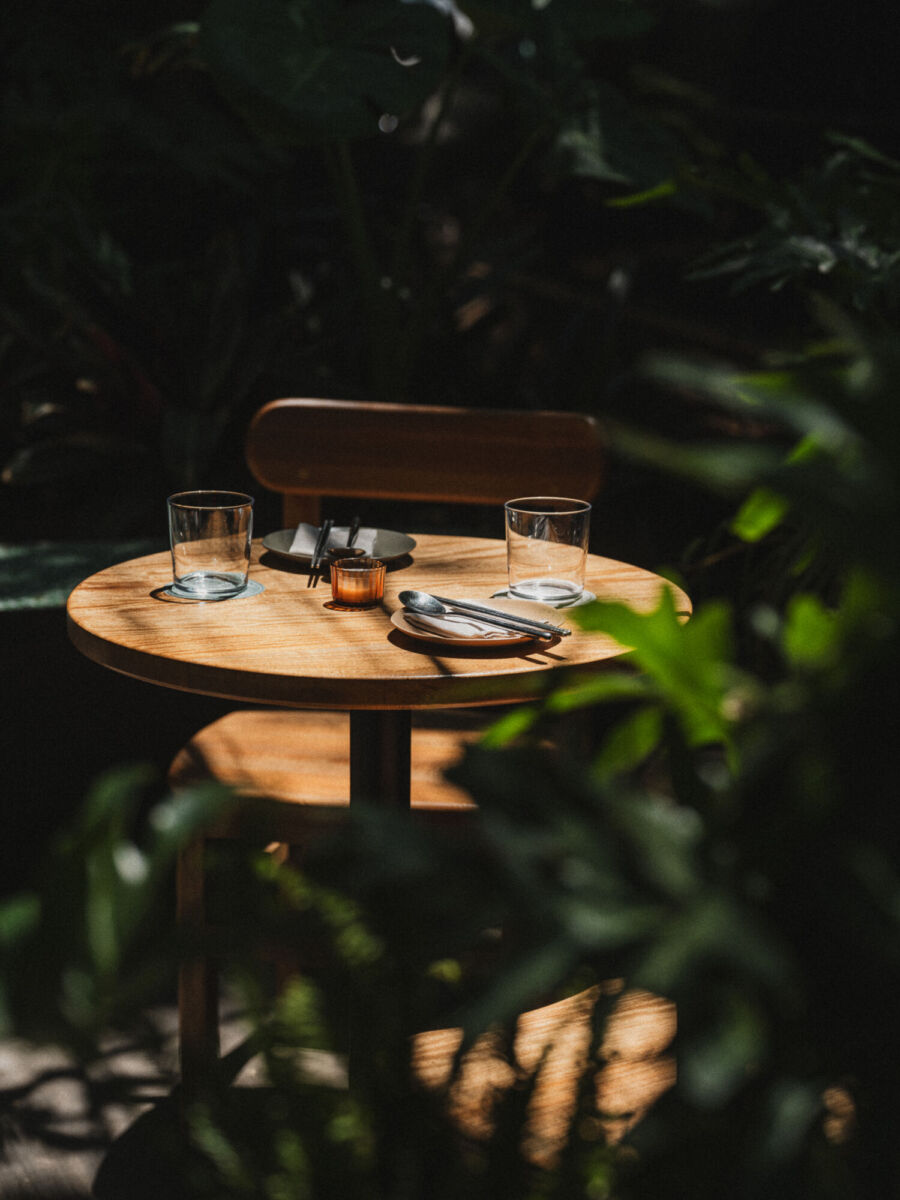 mesa redonda de madera escondida entre las plantas