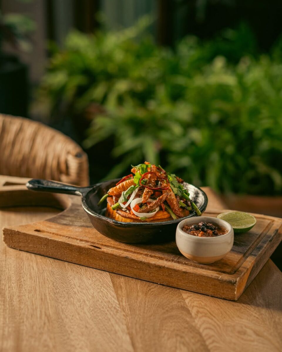 sarteneta con ensalada de gusanos de maguey en un resturante con plantas de fondo