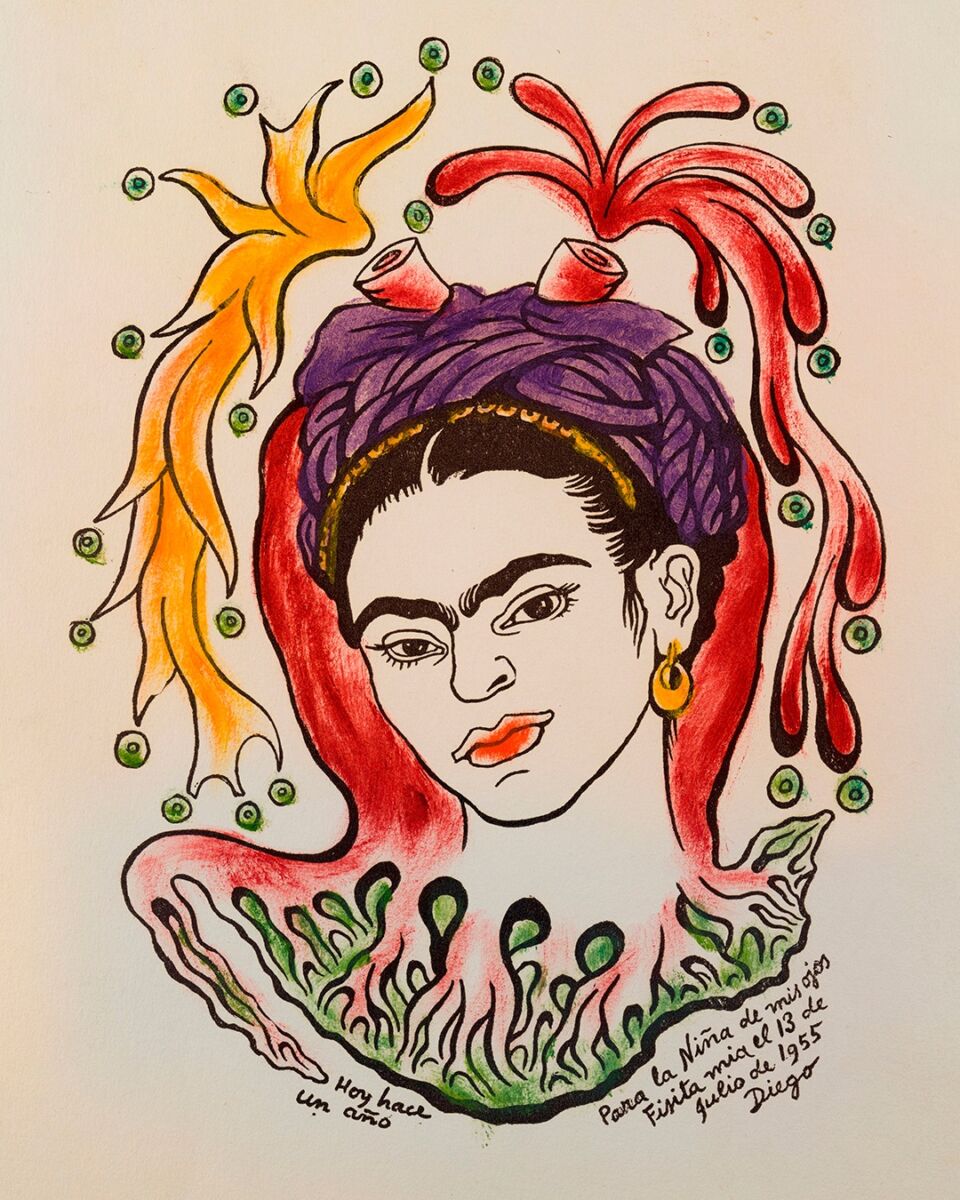 dibujo a color del rostro de Frida Kahlo