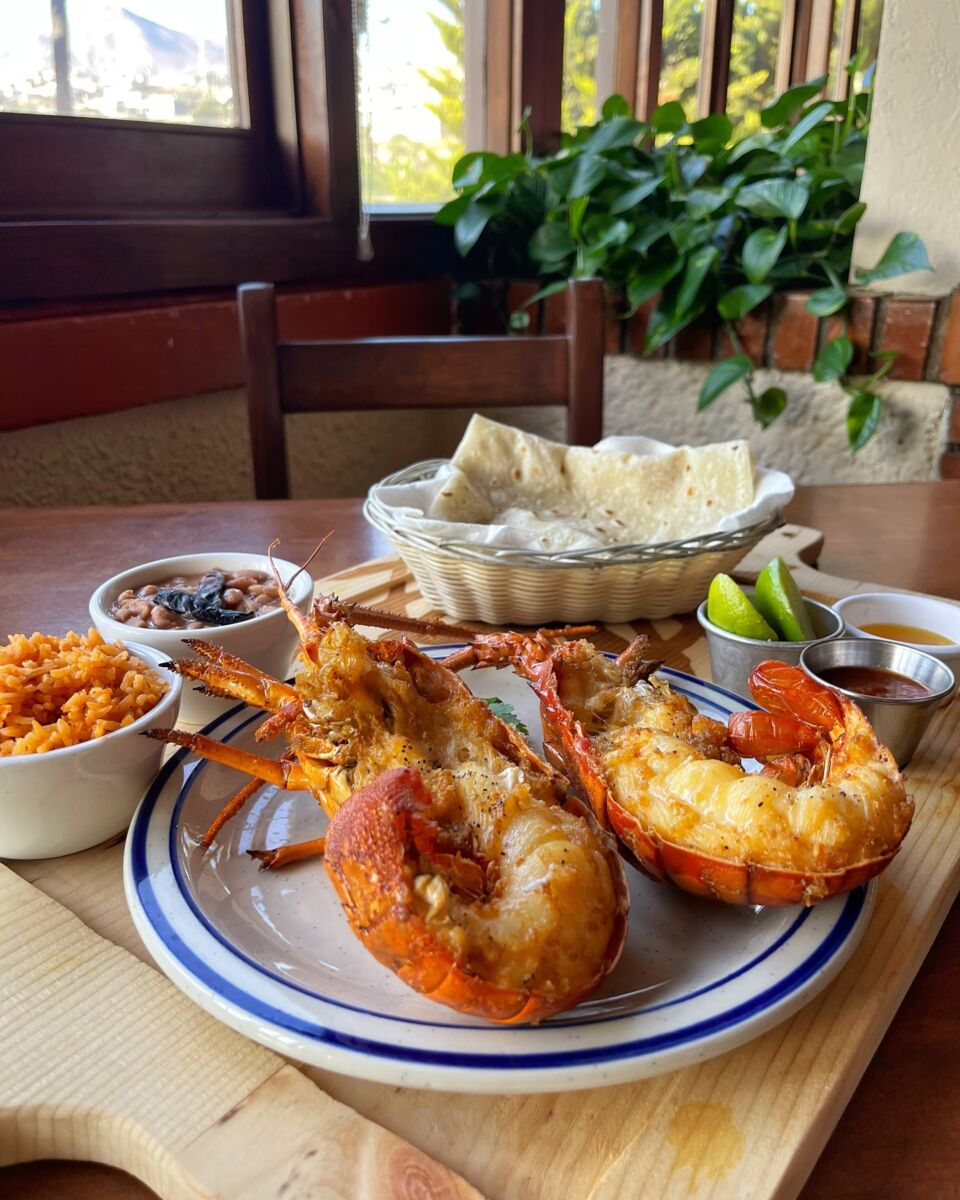 langosta frita abierta por la mitad servida junto a dos platos pequeños de arroz y frijoles, con tortillas de fondo