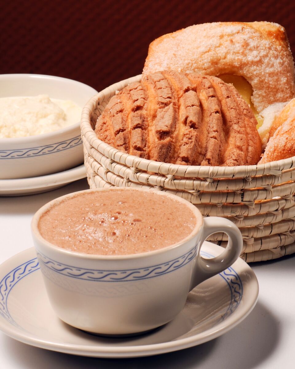 taza de chocolate caliente y canas de conchas 