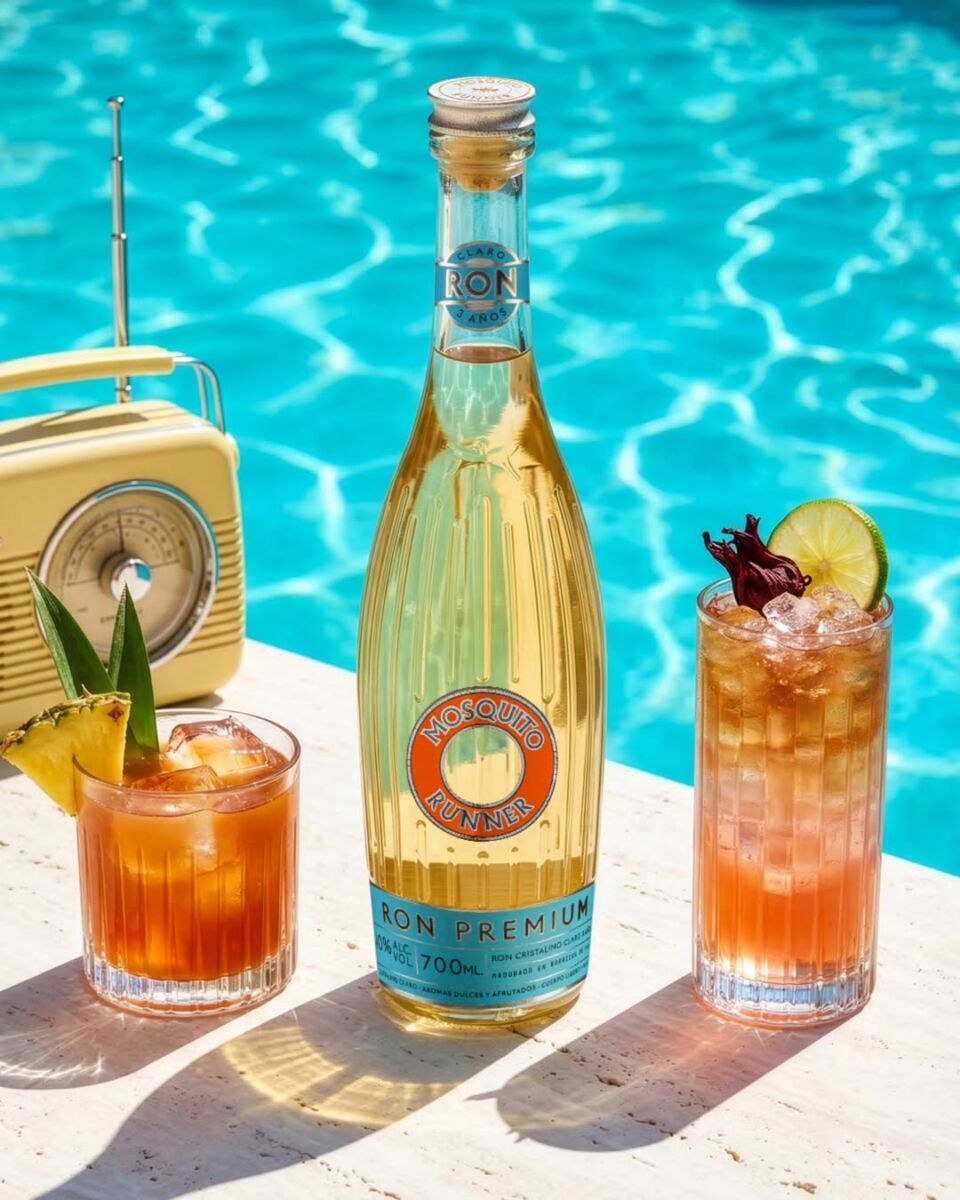 botella de cristal con un líquido color ámbar, entre dos vasos con bebidas naranjas, frente a una alberca y una radio antigua