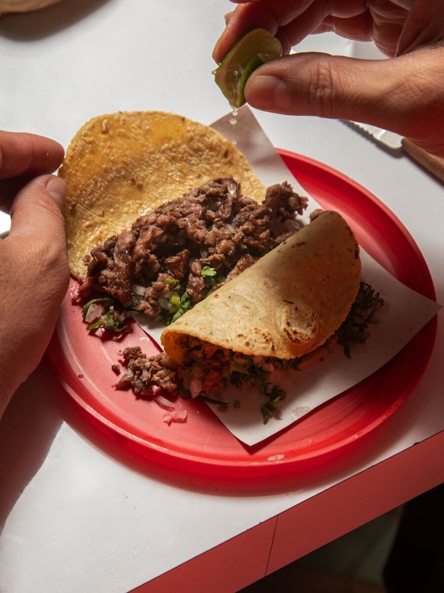 tacos de carne asada con tortilla de maíz en un plato de plástico rojo