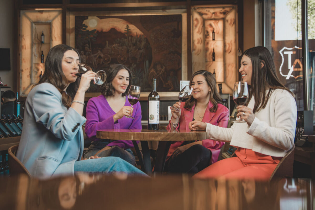 cuatro mujeres tomando vino tinto en un salón elegante