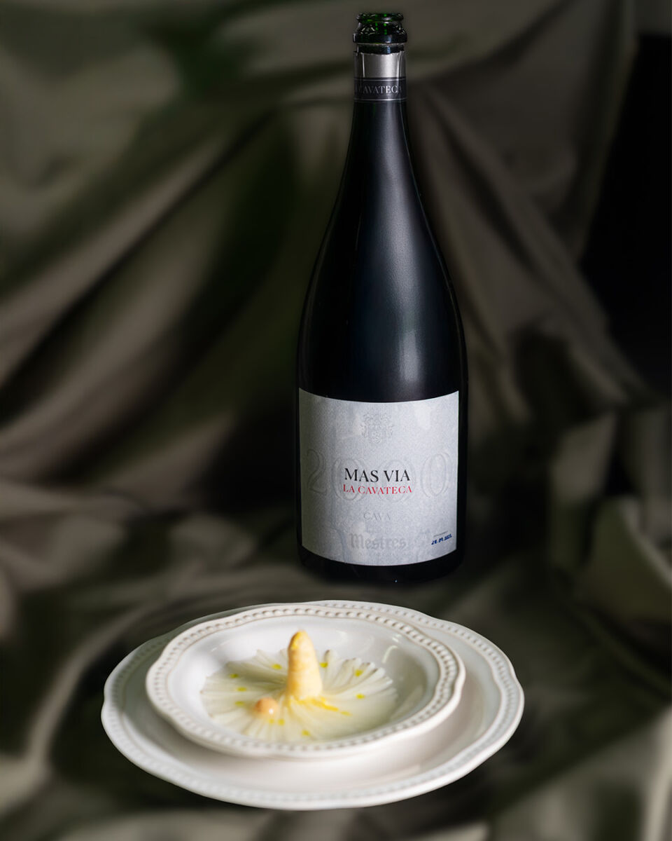 botella cava mestres con plato de alta cocina