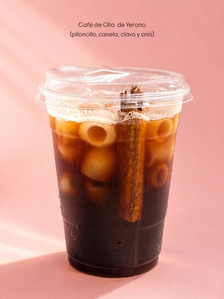 café de olla frío para llevar en un fondo rosa