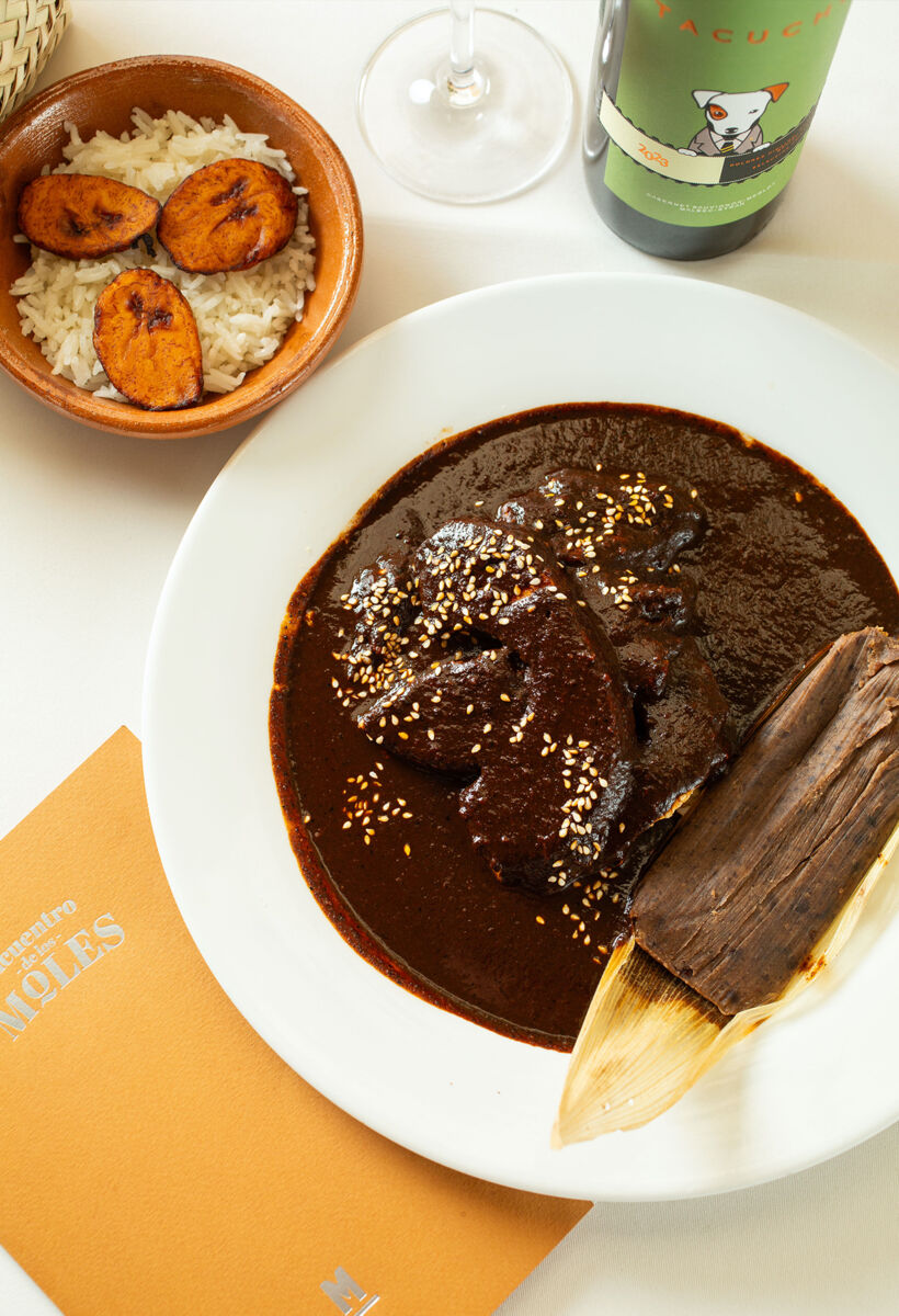 Mole de Xico con pavo, tamal de frijol, arroz blanco y plátano macho