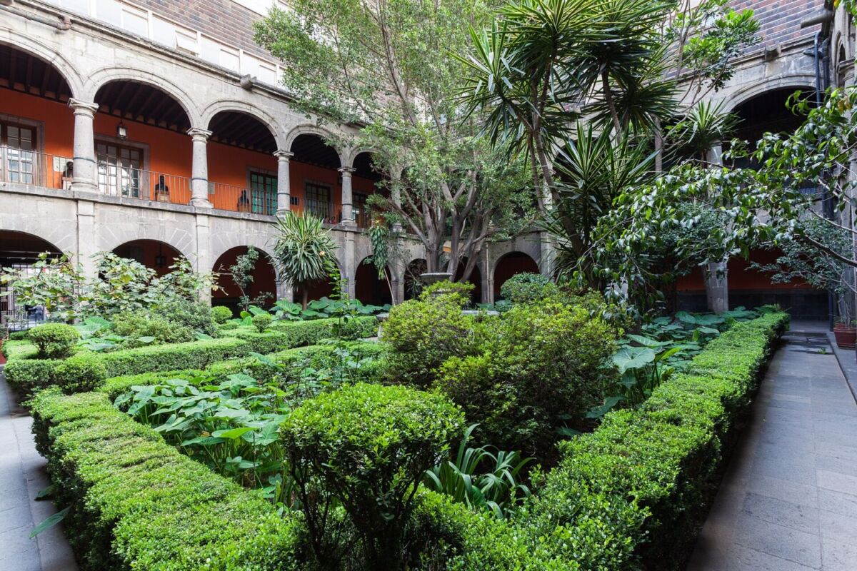 patio principal con jardineras de una casona colonial en CDMX 
