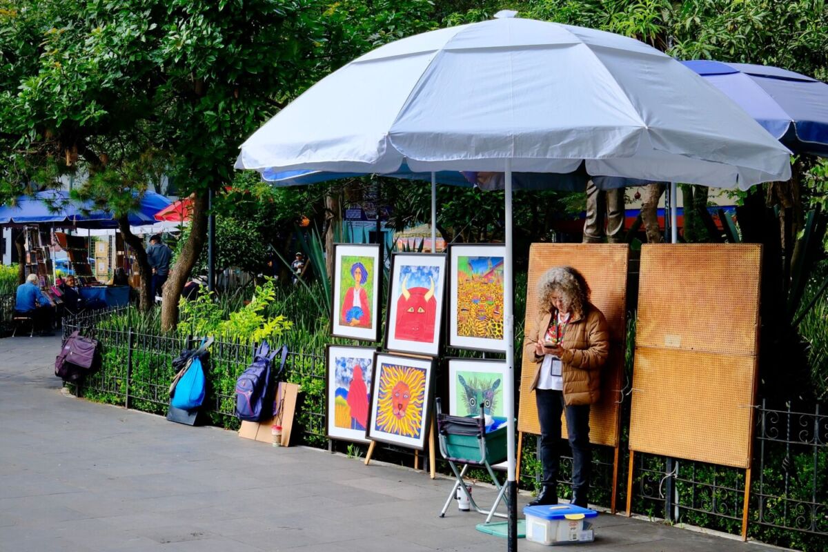 mujer vendiendo sus pinturas en un jardín de la CDMX 