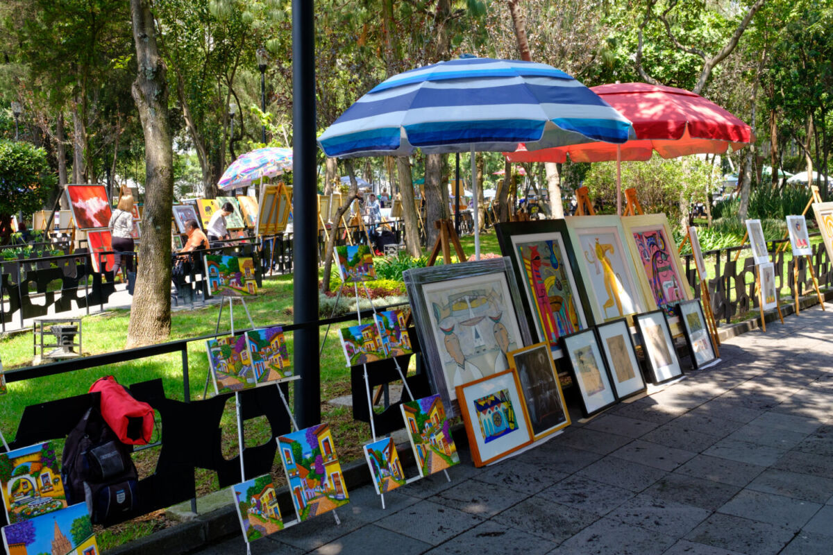cuadros exhibidos en un jardín del aire libre 