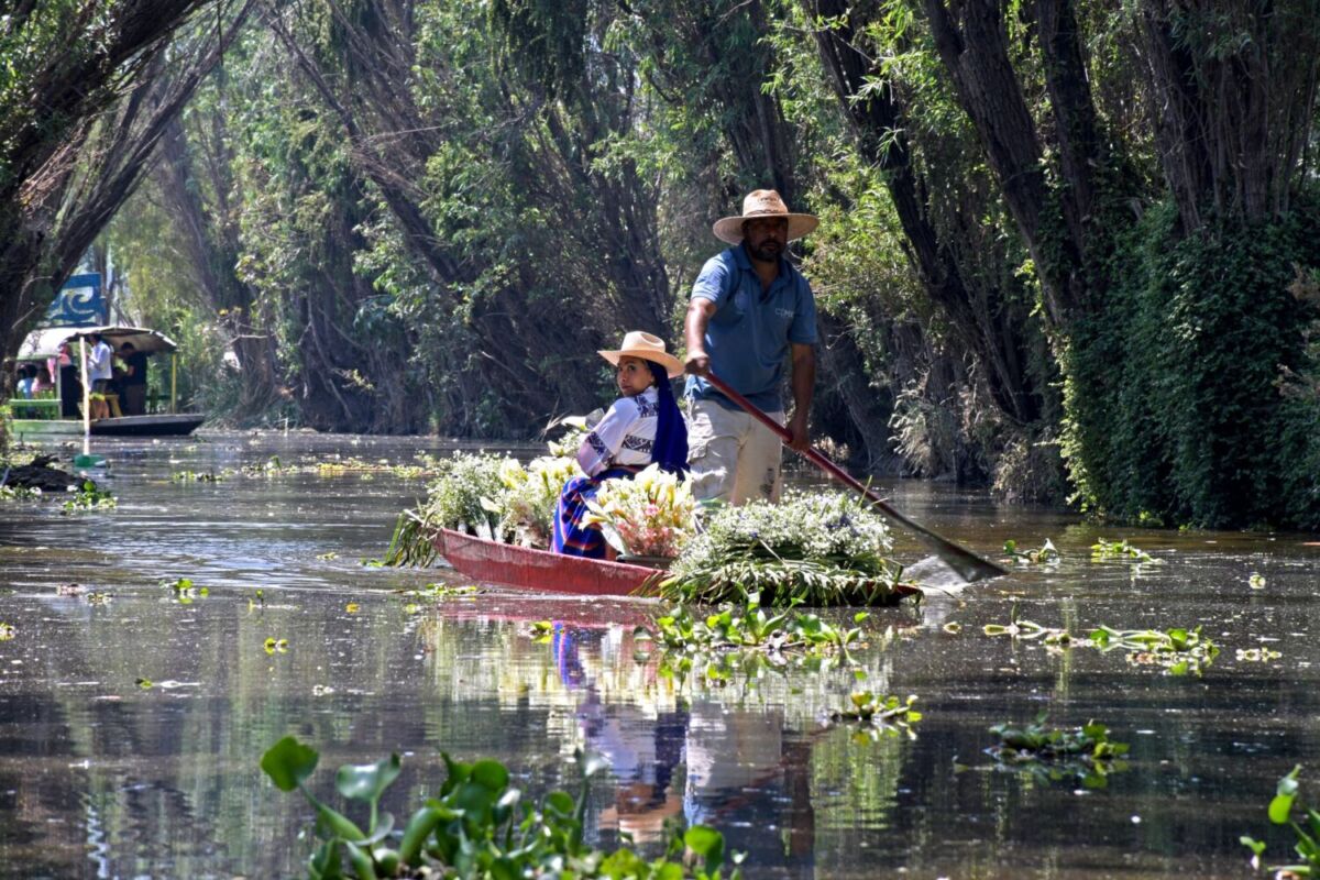 personas con trajes bordados navegando en una trajinera con flores en los canales de tláhuac