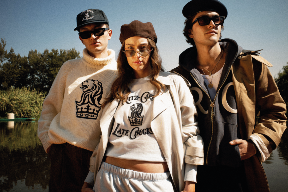 dos hombres y una mujer con ropa de Late Checkout x the ritz carlton