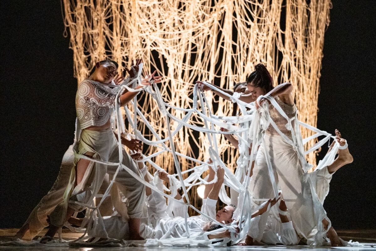 grupo de danza contemporánea con escenografías de telas blancas