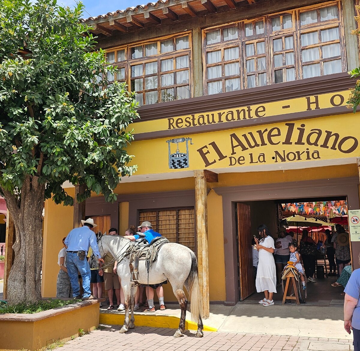 Fachada amarilla con un árbol y un caballo en El Aureliano de La Noria