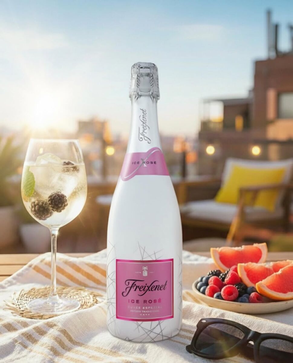 botella de freixenet ice rose en una terraza al atardecer