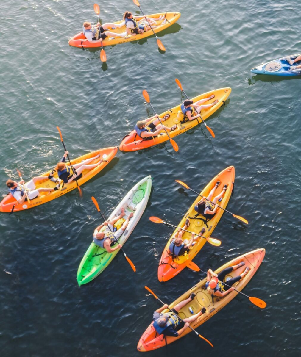 toma desde arriba de un grupo de kayaks dobles en el agua