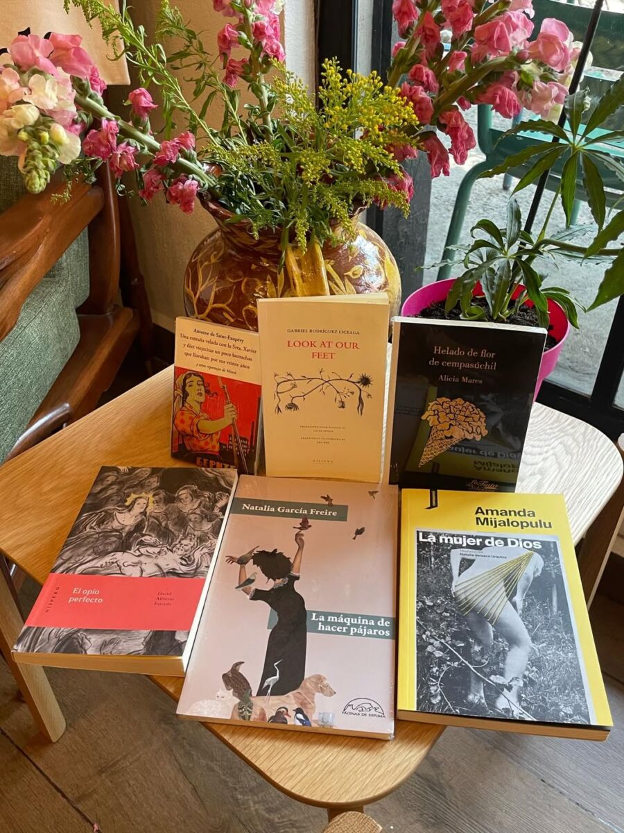 mesa con libros y un florero