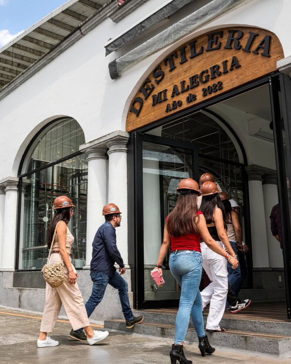 personas con casco entrando a una destilería