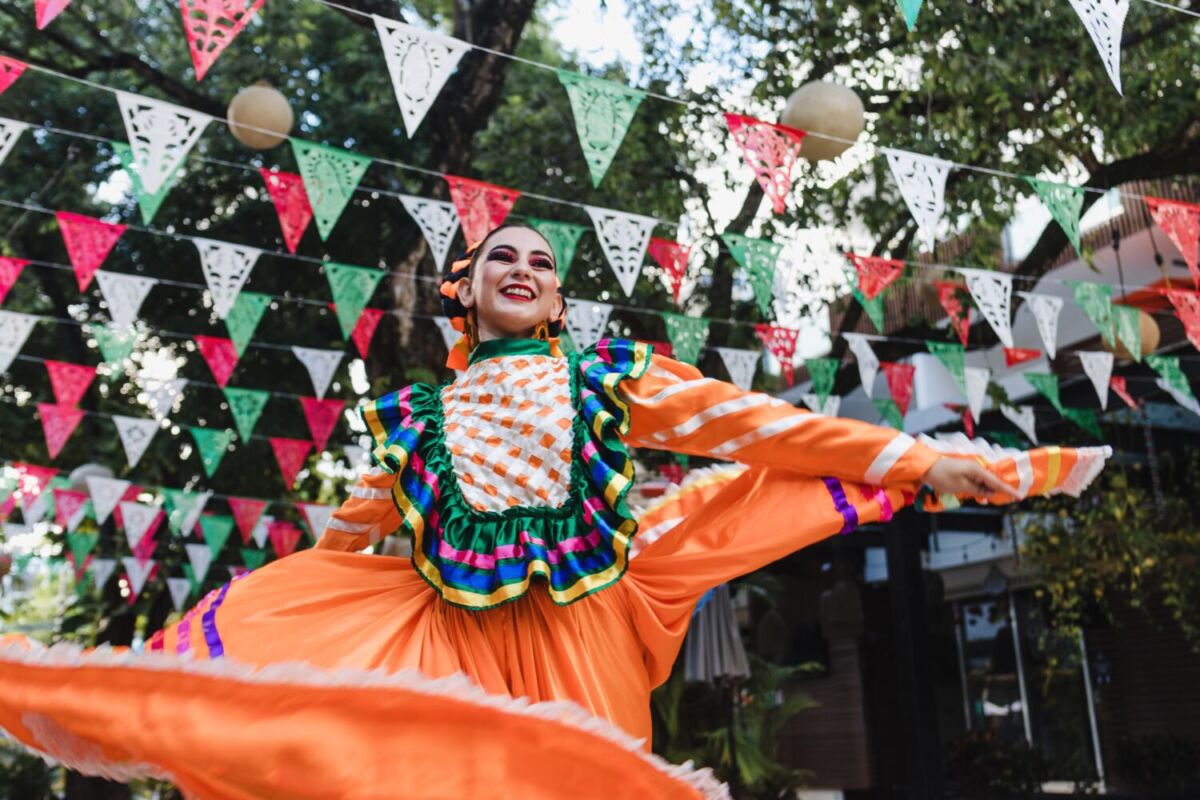 mujer de jalisco con traje folklórico haciendo un baile tradicional 
