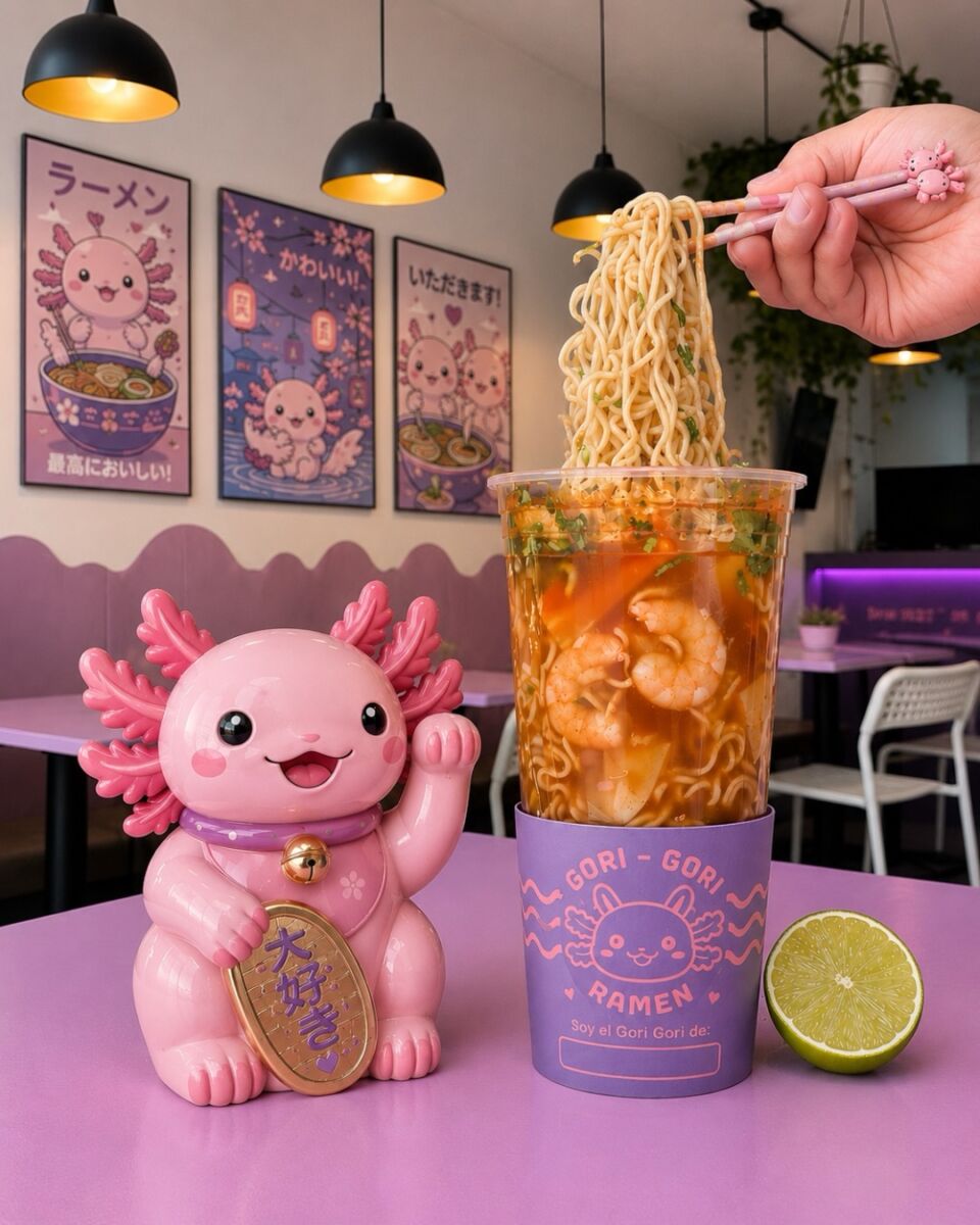 vaso con ramen y un ajolote al lado