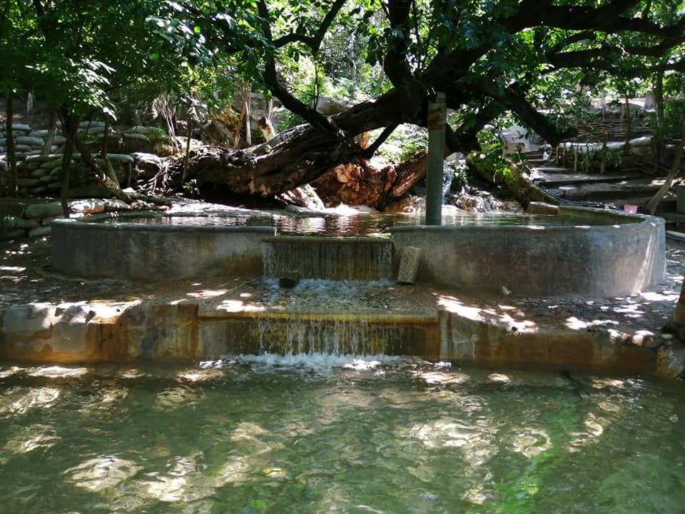 Cascadas pequeñas con arboles al fondo