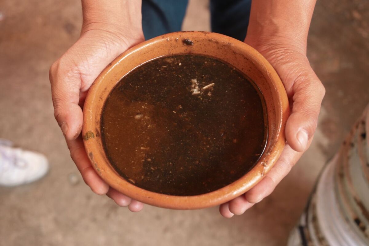 manos sosteniendo un plato de barro con mole 