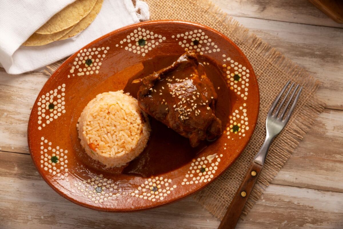 plato de mole con pollo y arroz 
