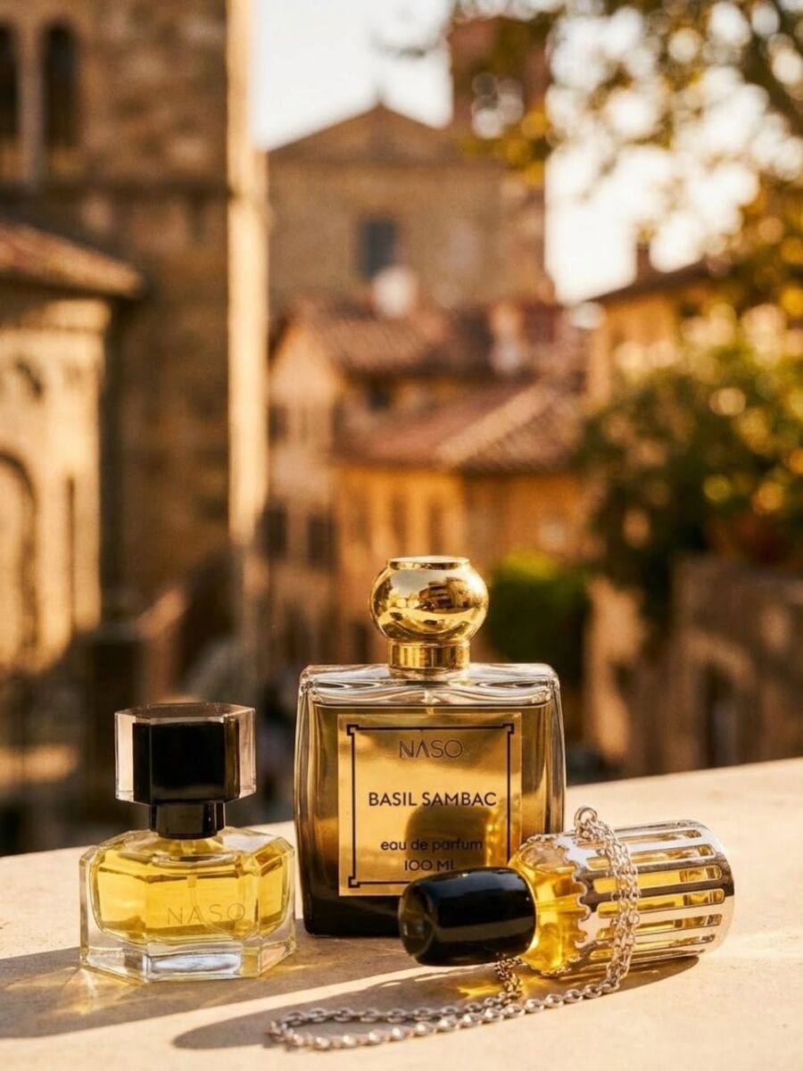 botellas con líquido perfumoso frente a una ciudad antigua