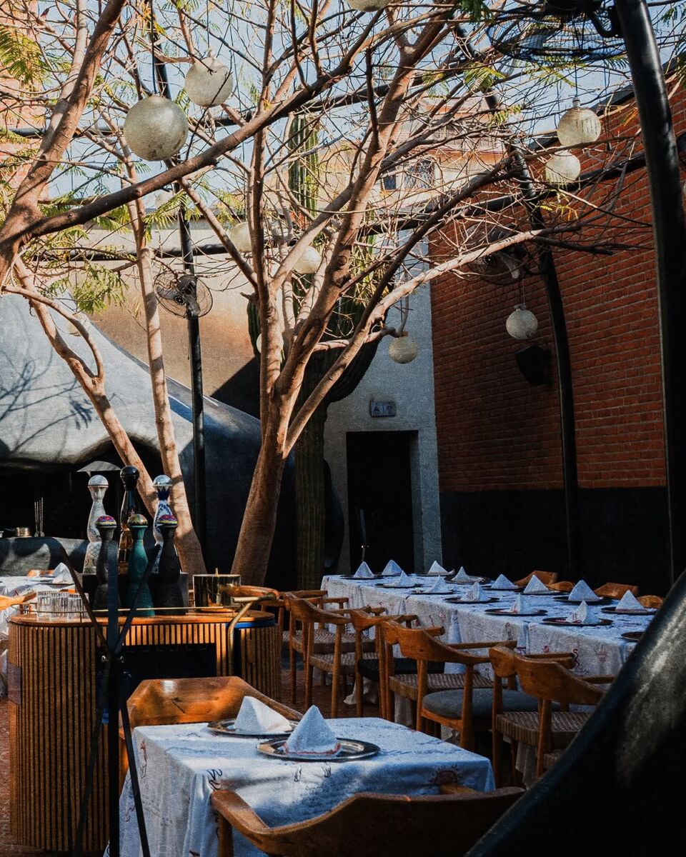 restaurante con mesas con manteles blancos y un gran árbol al centro