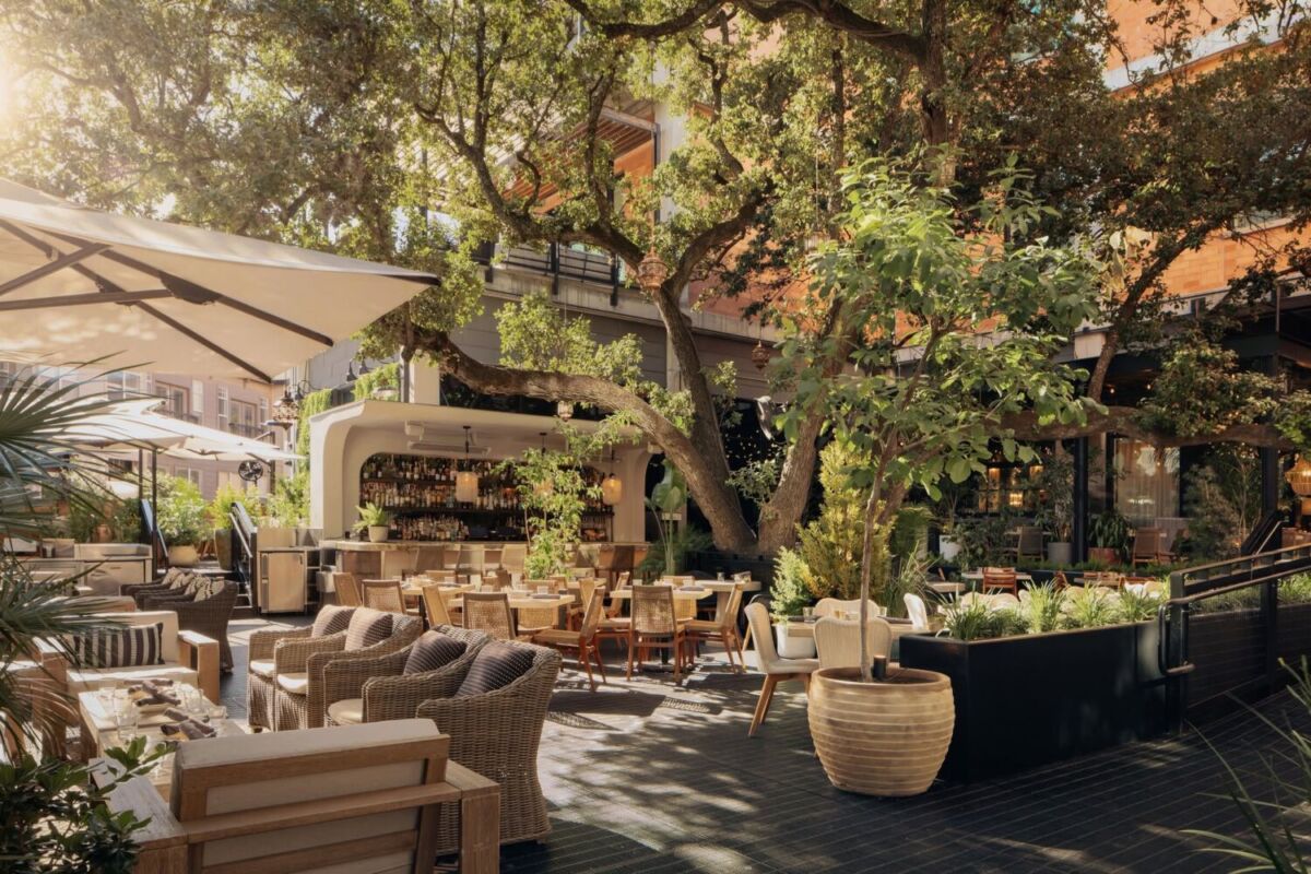 terraza de un restaurante con árboles en un día soleado