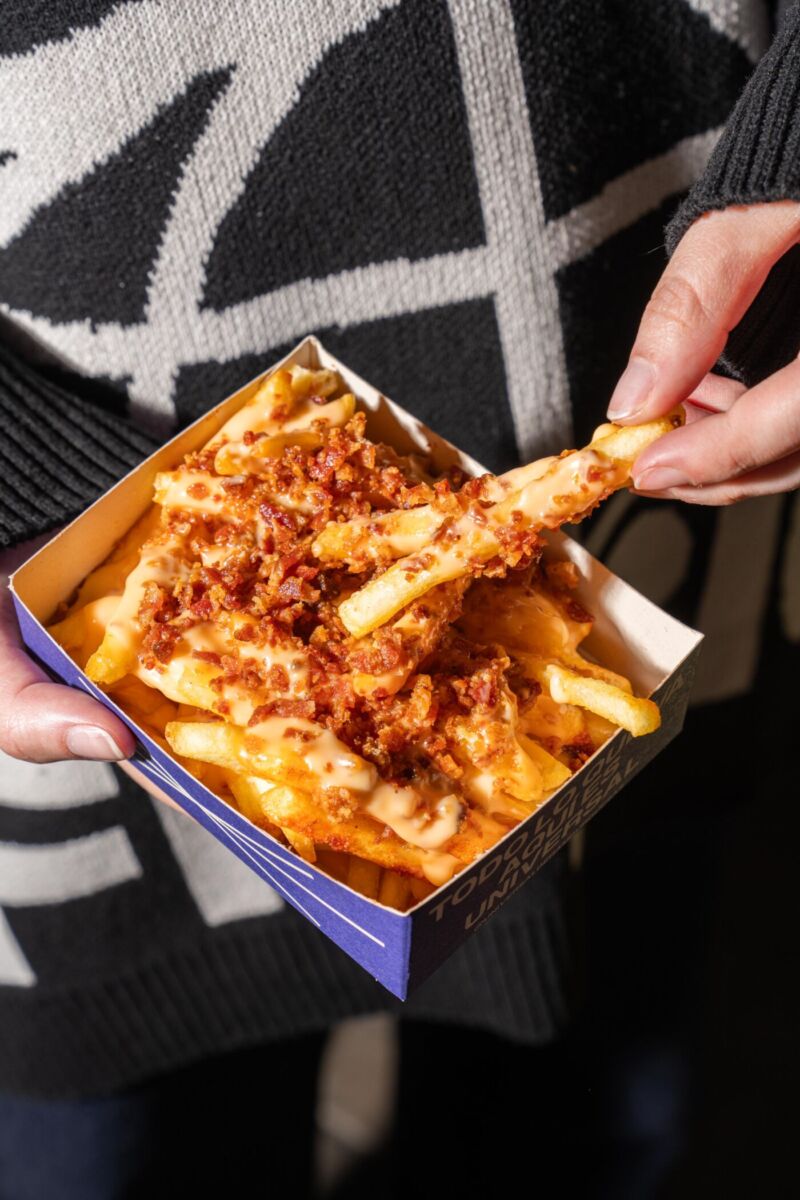 Papas a la francesa con queso y tocino 