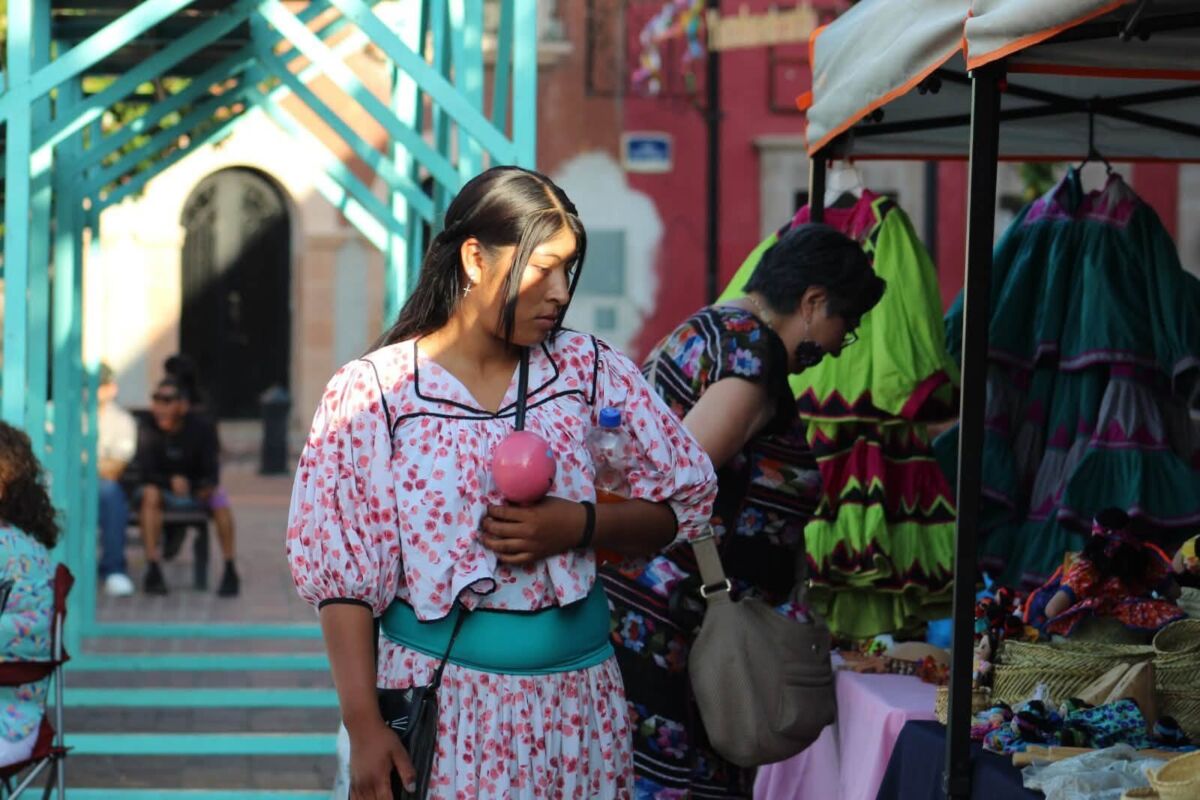 mujer paseándose por puestos de artesanías indígenas