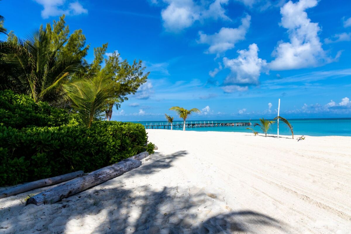 Arena blanca y palmeras en la Isla de la Pasión, Cozumel 