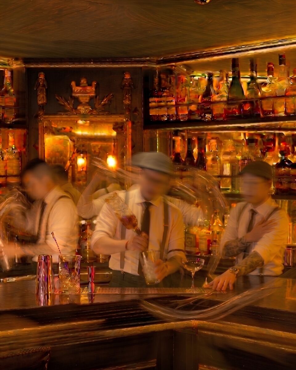 bartenders en un bar con temática de prohibición