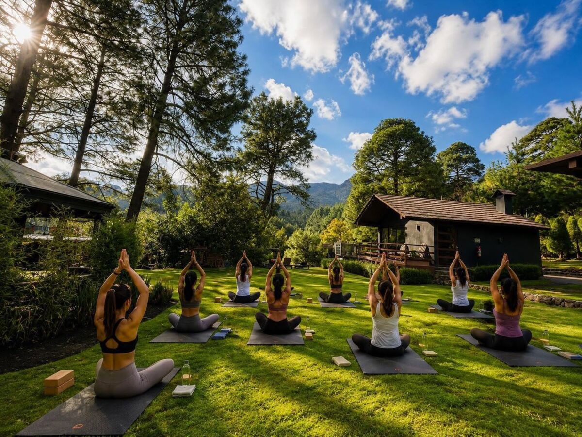 personas haciendo yoga de día en un jardín en las montañas