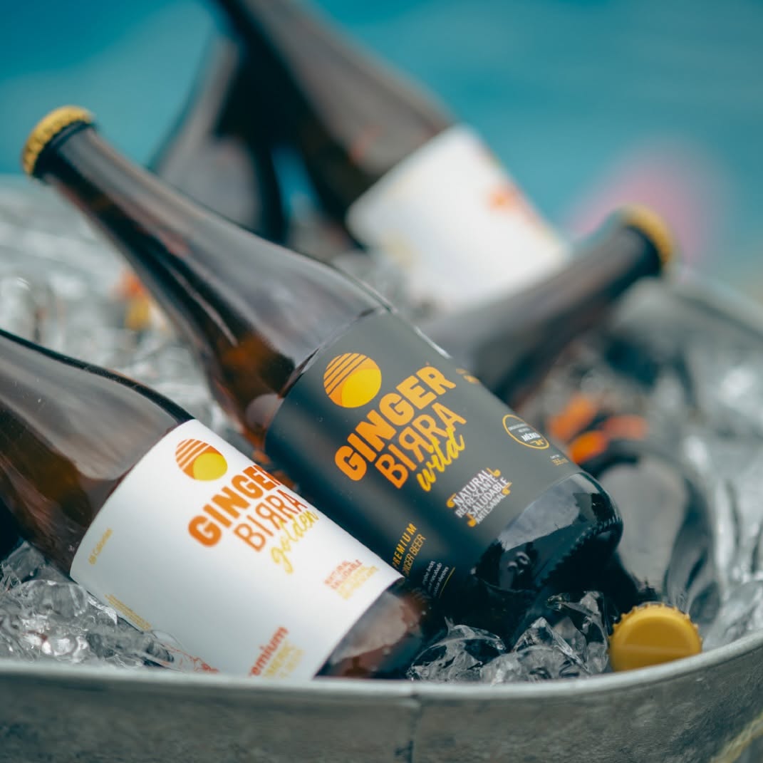 botellas de ginger birra en una cubeta con hielo