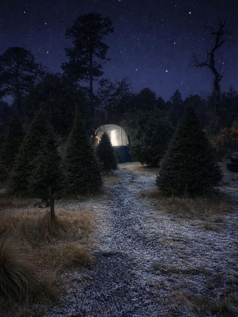 glamping en un bosque en la noche