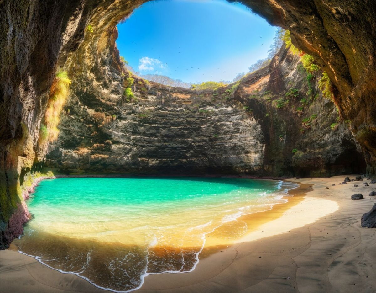 Playa Escondida dentro del cráter de las Islas Marietas, con círculo natural abierto al cielo